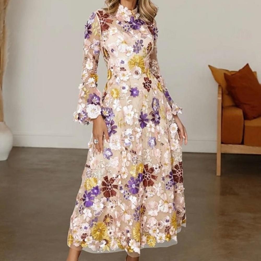 LT LAN Bridal A-Line Embroidered Floral Multicolor Wedding Guest Dress, Size 10